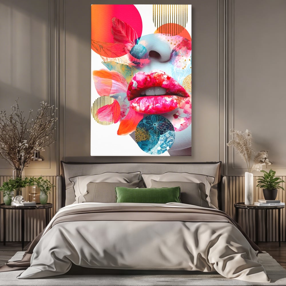 Tablou canvas cu tablou canvas cu buze roz si nas albastru, fara rama, pe sasiu de lemn, pe perete intr-un dormitor